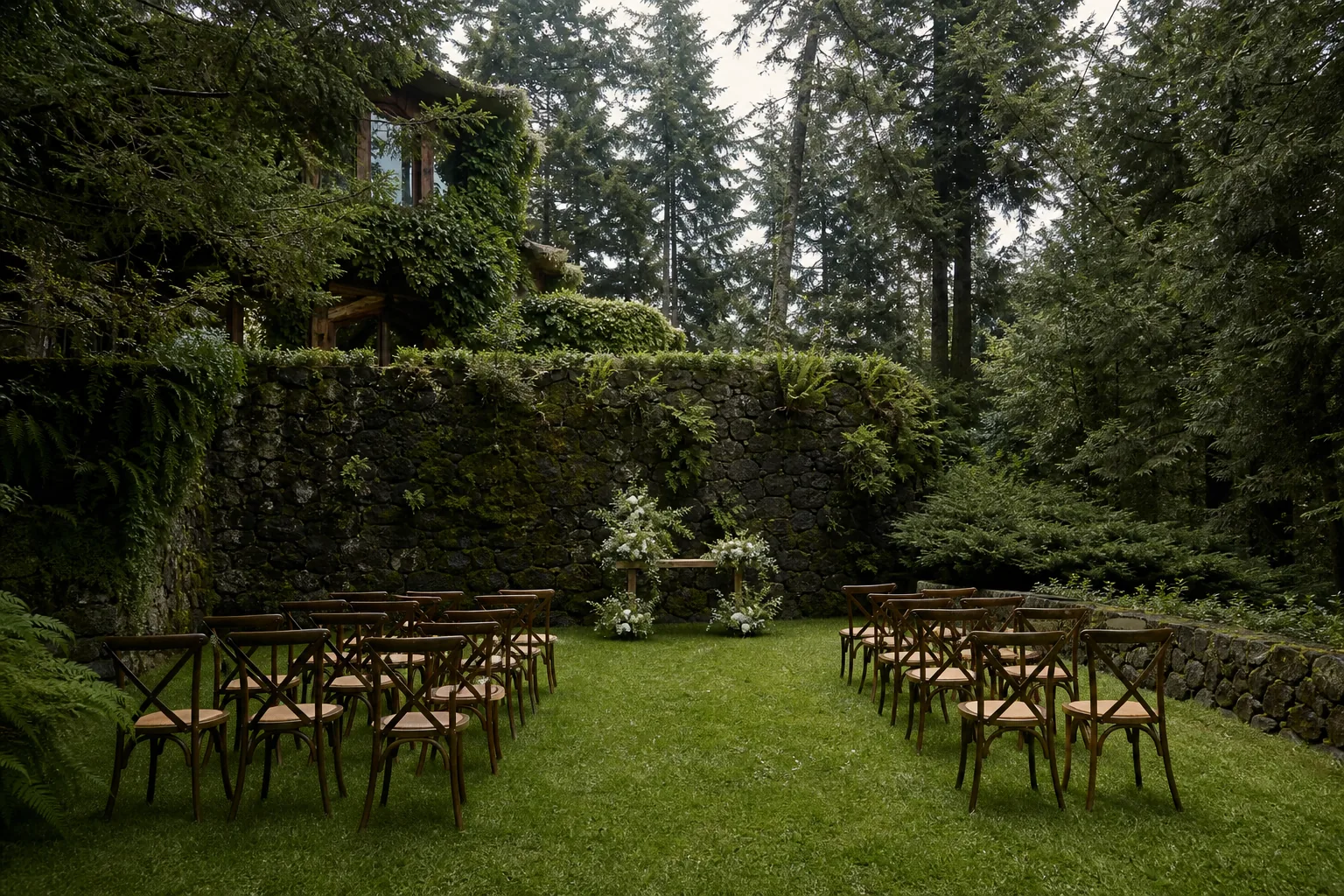 Jardín de bodas protegido por muros de piedra volcánica y oyameles